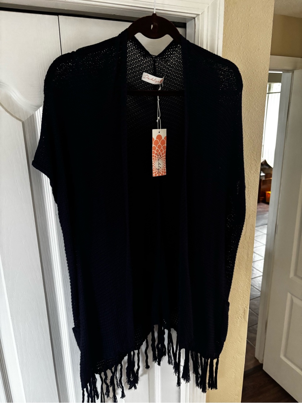 Dahlya Navy Open-Front Fringe Knit Boho Poncho